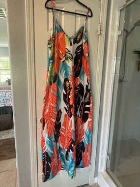 Tropical Leaf Print Maxi Dress - Orange & Teal
